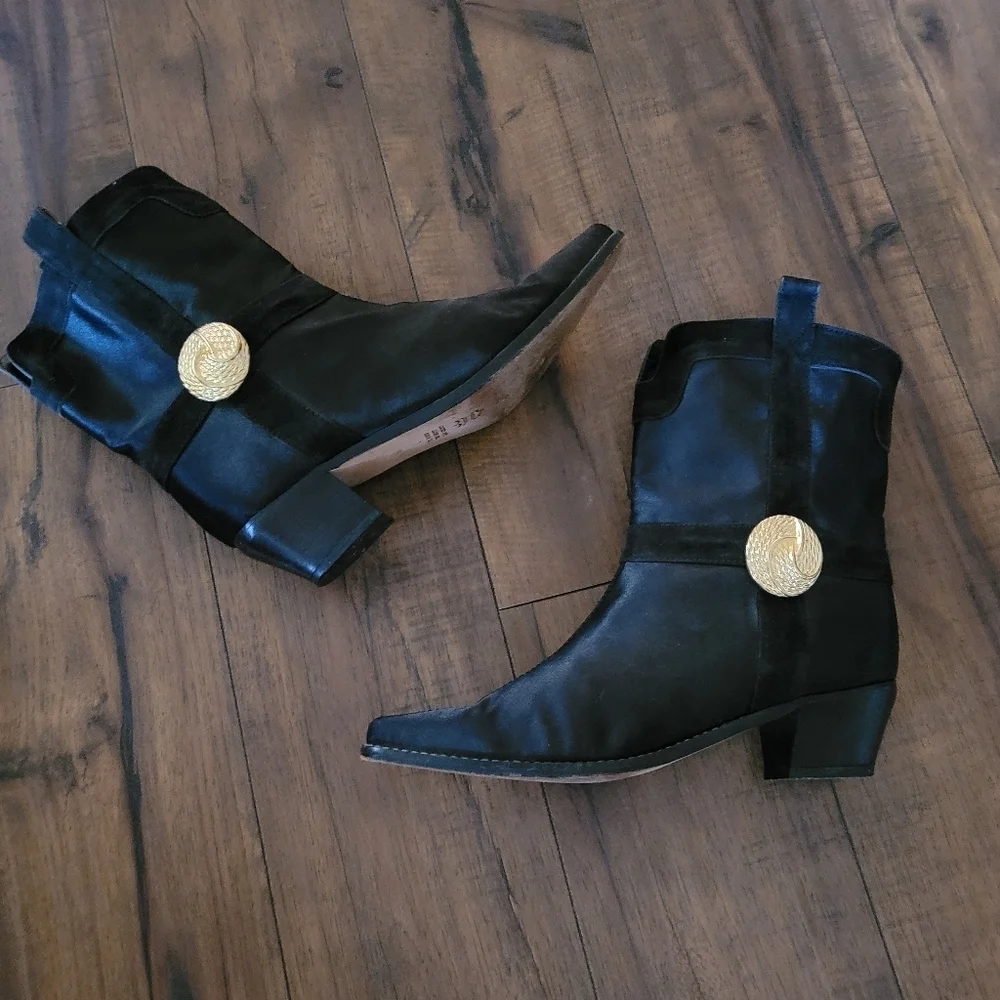 Vintage - Allure Black Nylon and Suede with Gold‎ Button Accent Ankle Boots